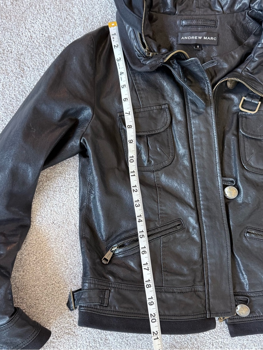 Black Andrew Marc Genuine Leather Moto Utility Jacket - Small w/ Hood - Picture 11 of 12